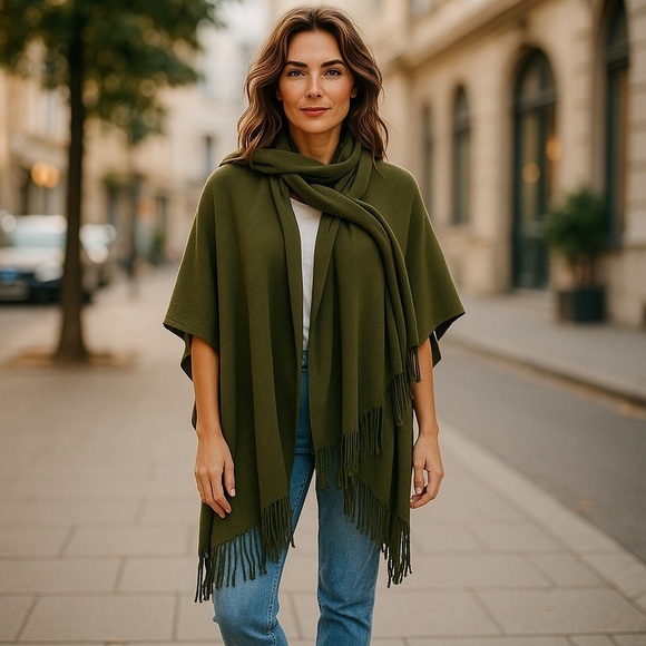 Olive Green Open Cardigan Fringe Shawl Sweater
New - Picture 2 of 7